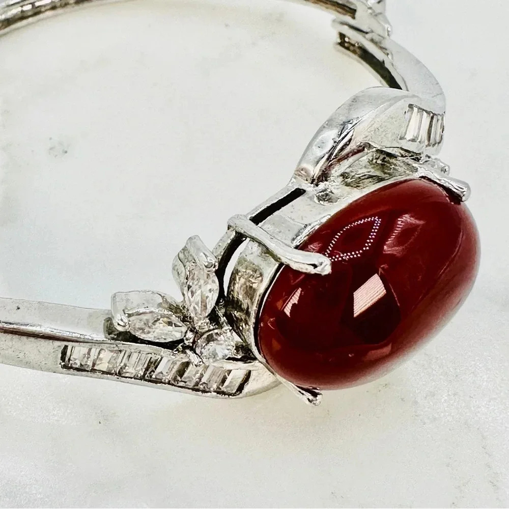 Burgundy Cabochon Glass Bracelet Baguette Rhinestone Silver Tone Hinged … - Picture 6 of 10